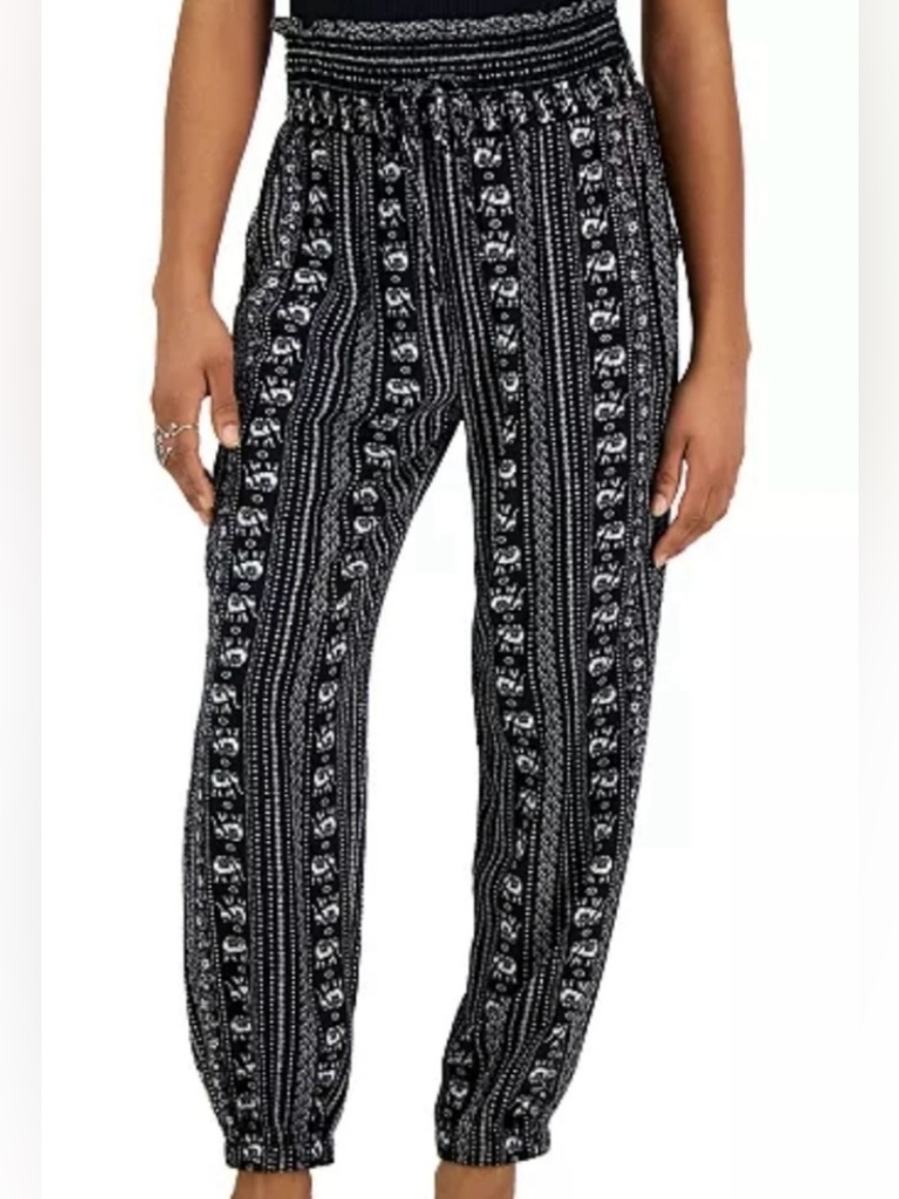 Kingston Grey Elephant‎ Novelty Print Smocked Black White Lounge Relaxed Pants M